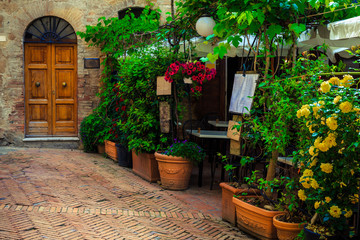 Fototapeta na wymiar Flowery entrance and cute street cafe in Tuscany, Pienza, Italy