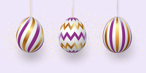 Composition of Easter eggs. Festive background On a light background, white golden Easter eggs with geometric patterns. Template for posters and posters for sale banners,.