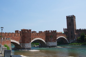 View of the beautiful old bridge over the Adige river, Europe, Italy Verona
