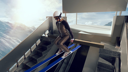 Skier on ski jumping competition. Winter sport.