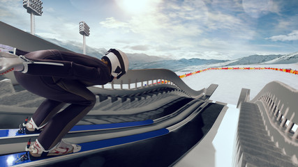 Skier on ski jumping competition. Winter sport.