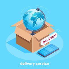 isometric vector image on a blue background, a globe in a cardboard box and a smartphone with the message delivery, sending and delivery of goods worldwide
