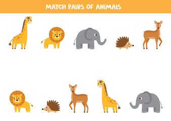 Match two identical animals. Set of wildlife creatures. Logical game.