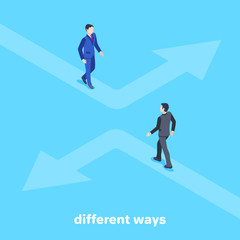isometric vector image on a blue background, men in business suits walk along the roads in the form of arrows in different directions