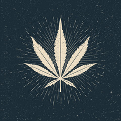 Leaf of marijuana light silhouette on dark background. Vintage styled vector illustration