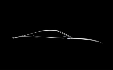 Realistic side view sport car coupe silhouette isolated on black background. Vector illustration.