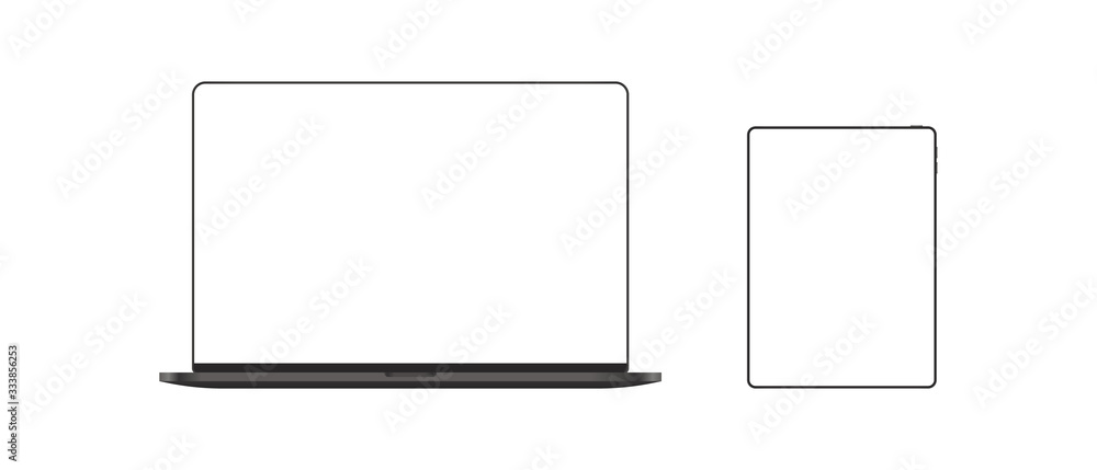 Poster modern laptop computer and tablet mockup. laptop computer and tablet with blank screen. mockup vecto