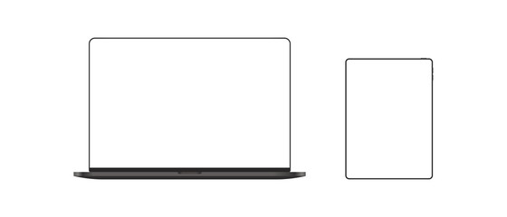Modern laptop computer and tablet mockup. Laptop computer and tablet with blank screen. Mockup vector isolated. Template design. Realistic vector illustration.