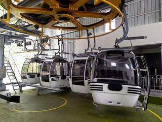 The cable way and cabins to the jatayu statue. Kollam, Kerala, India: March 09, 2020
