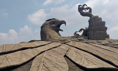 The beautiful view of jatayu bird sculpture looking upwards who fought with ravan for maa Sita. Jatayu earth centre, Kollam, Kerala, India: March 09, 2020