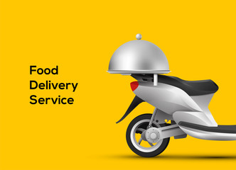 Food delivery service banner concept with back side of scooter and cloche as trunk. Isolated on yellow background. Vector illustration.