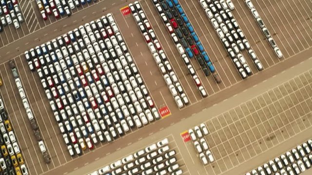 large parking lot of new cars from car factory in slovakia , kia 08.03.2020
