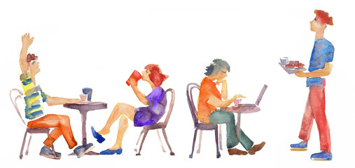 Illustration of people in canteen, eating in the cafeteria, sitting and drinking in the street cafe.
