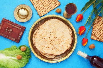 Oil painting style and abstract image of Pesah celebration concept (jewish Passover holiday). Traditional book with text in hebrew: Passover Haggadah (Passover Tale)