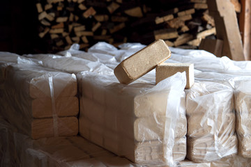 Alternative fuel, bio fuel. Eco briquette from sawdust perfect for stoves. - obrazy, fototapety, plakaty
