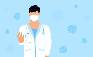 Coronavirus epidemic. Male doctor in a white medical coat and protective surgical mask shows a stop gesture with his hand. COVID-19. Quarantine in the city. Coronavirus epidemic. Horizontal banner