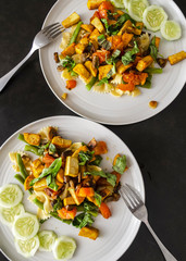 Vegetarian pasta top view. Healthy and tasty food