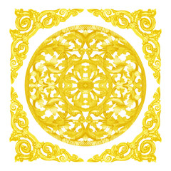 Pattern of wood carve gold paint for decoration on white background