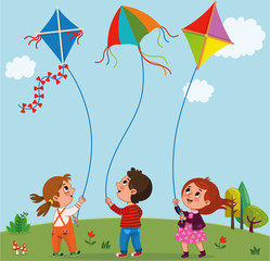 Kids playing kites. Vector illustration of children flying kites on the meadow. 