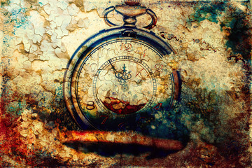 Fototapeta na wymiar Clock showing five minutes to twelve. Time to stop and realize the values of life and painting effect.