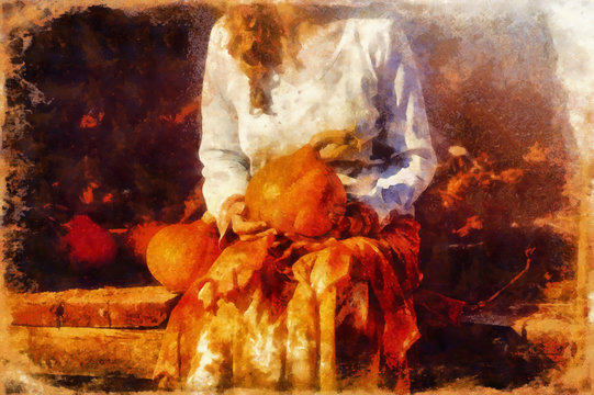Woman holding hokaido pumpkin in organic permaculture garden and painting effect.