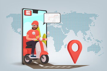 Scooter with delivery man flat  cartoon character. Fast courier. Restaurant food service, mail delivery service, a postal employee the determination of geolocation using electronic device