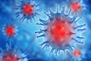 Plakat Virus molecules in the blood. 3D illustration of a coronavirus in macro.