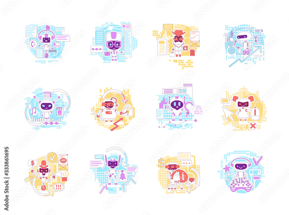 Poster good and bad bots thin line concept vector illustrations set. internet robots 2d cartoon characters 
