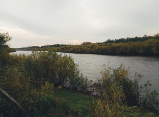 river and yellow-green field