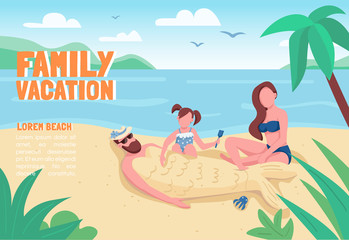 Fototapeta na wymiar Family vacation banner flat vector template. Brochure, poster concept design with cartoon characters. Parents with child recreation on beach horizontal flyer, leaflet with place for text