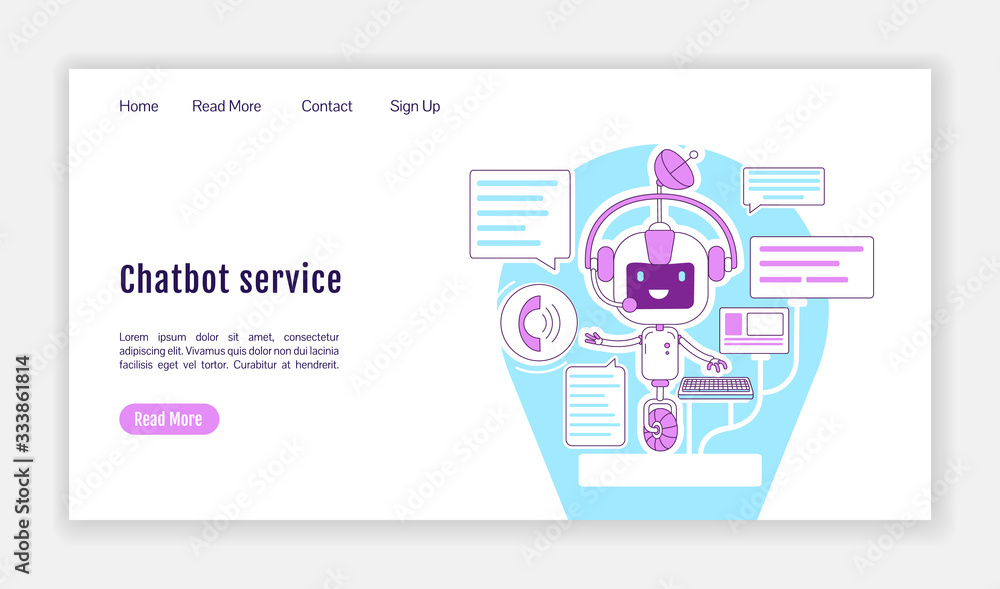 Poster chatbot service landing page flat silhouette vector template. personal assistant homepage layout. vi