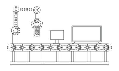 Conveyor assembly line in flat style. Automatic production line concept. Industrial mass production conveyor. 