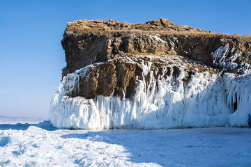 Rock cliff with ice in Lake Baikal, Russia, landscape photography