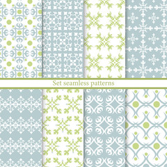 Set elegant seamless patterns. Blue and green abstract geometric backgrounds. Vector illustration. Arabic collection textures. Modern ornaments. Design paper, wallpaper, textile, cover, print. Stock.