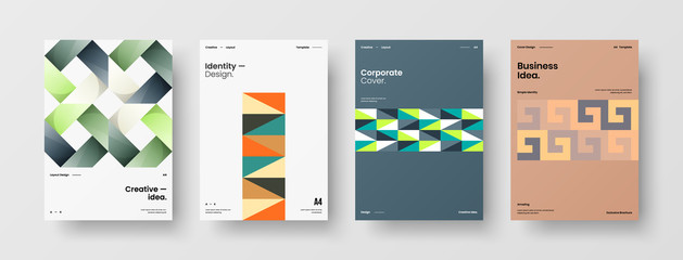 Naklejka premium Business presentation vector A4 vertical orientation front page mock up set. Corporate report cover abstract geometric illustration design layout bundle. Company identity brochure template collection.