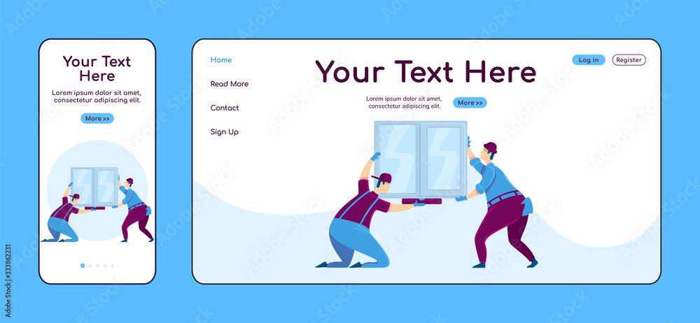 Poster window installation adaptive landing page flat color vector template. handyworkers mobile and pc hom