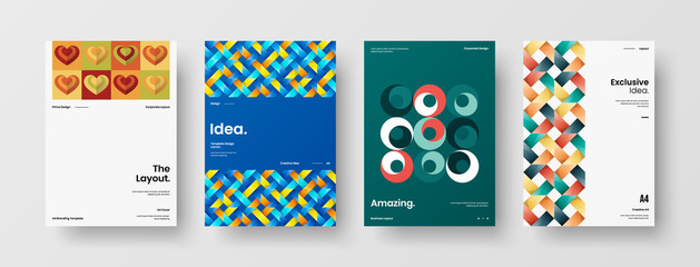 Fototapeta premium Business presentation vector A4 vertical orientation front page mock up set. Corporate report cover abstract geometric illustration design layout bundle. Company identity brochure template collection.