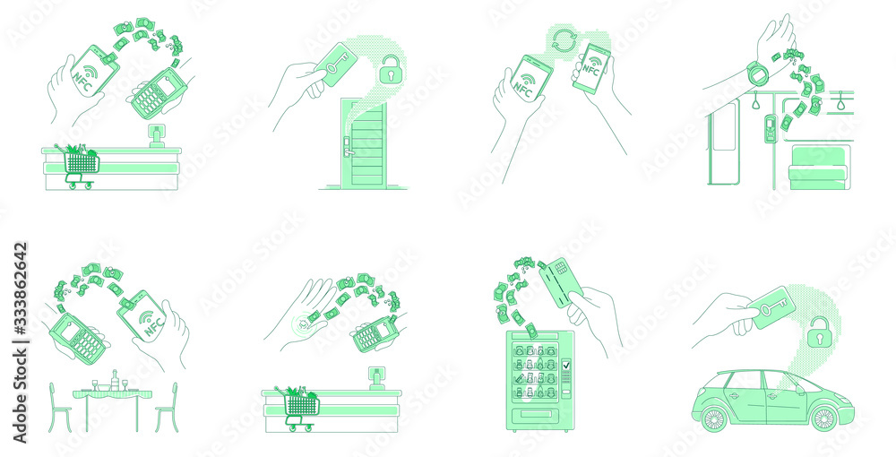 Poster electronic payments and keycards thin line concept vector illustrations set. people using smart devi