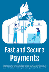Fast and secure payments poster flat silhouette vector template. Metro fare. Brochure, booklet one page concept design with cartoon characters. Smart watch payment flyer, leaflet with text space