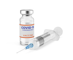 accine and syringe injection isolated on white. Medicine, COVID-19, nCoV, coronavirus vaccine concept. 3d rendering