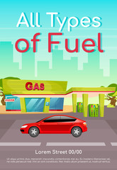 All type of fuel poster flat vector template. Petrol refill for cars. Diesel and petroleum for vehicles. Brochure, booklet one page concept design with cartoon characters. Gas station flyer, leaflet
