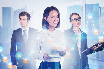 Team of young brokers in city, chart