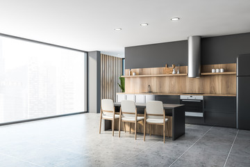 Gray and wooden panoramic kitchen corner