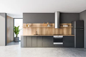 Foto op Plexiglas Gray and wooden kitchen with countertops © ImageFlow