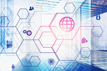 Internet and business icons in city