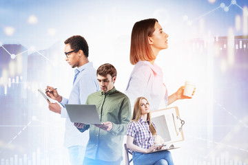 Diverse traders team in city, forex graph