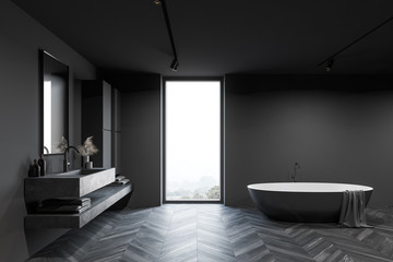 Loft grey bathroom interior with tub and sink