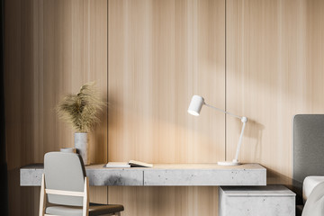 Minimalistic wooden home office interior