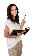 Smiling college girl with notebook, isolated