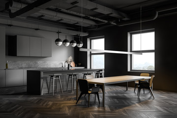 Dark gray kitchen corner, bar and table